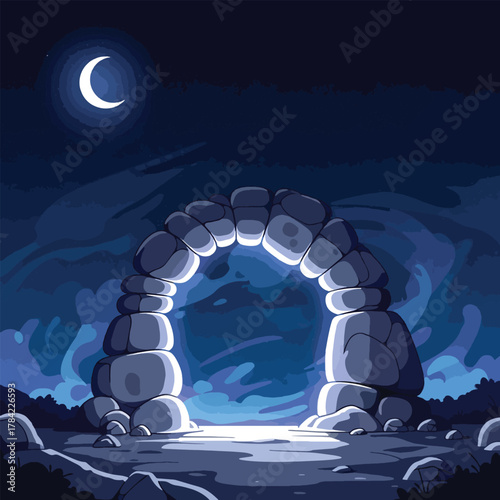 A mystical glowing stone archway serves as a portal under a dark night sky with a crescent moon.