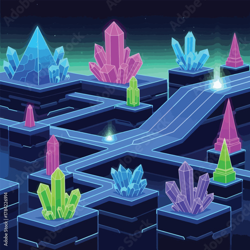 A vibrant, futuristic landscape featuring glowing, colorful crystals on interconnected platforms with illuminated pathways under a starry sky.