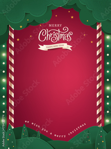 Wallpaper Mural vertical Christmas greeting card banner in paper cut style with tree, candy cane, light bulb, ribbon, snow, star, copy space, decoration, typography and festive holiday background template Torontodigital.ca