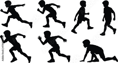 Child running and crouching silhouette vector set, dynamic motion sequence for stock content, physical activity, animation, sports, and movement study themes