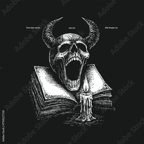 Horned Demon Skull with Candle and Book Gothic Dark Art Illustration