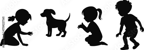 Children with dog silhouette vector set, playful interaction and companionship scene for stock content, pet care, innocence, friendship, and outdoor activity themes