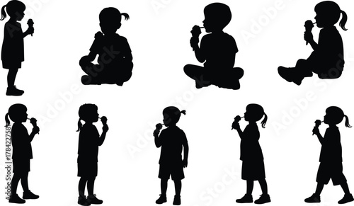 Children eating ice cream silhouette vector set, seated and standing poses, joyful summer treat illustration for stock content, playful activity and dessert themes