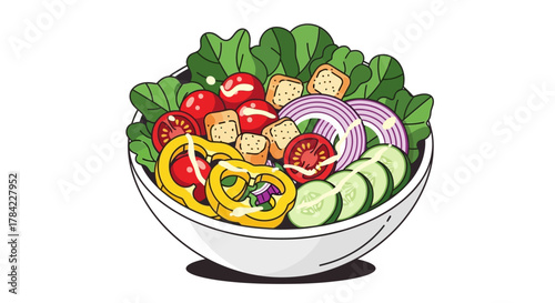 Delicious and Colorful Salad Bowl with Fresh Vegetables, Tomatoes, and Croutons Illustration