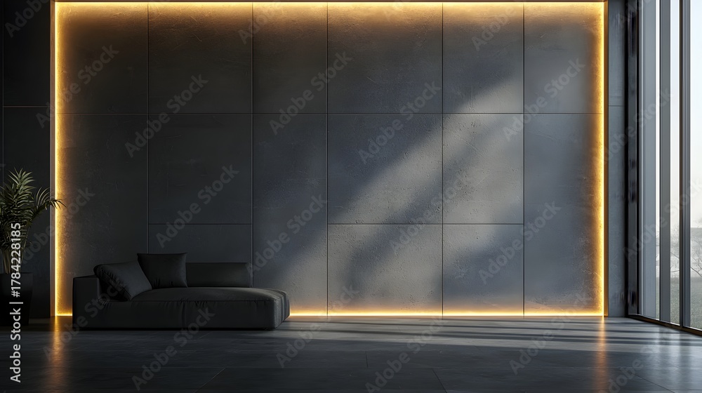 Fototapeta premium Modern Minimalist Interior Wall with Soft Lighting and Black Couch