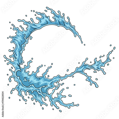 Dynamic blue water splash or wave burst illustration with drops and foam