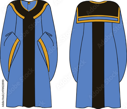 Academic regalia gown vector set, front and back view, doctoral graduation robe design, gold trim blue black ceremonial outfit illustration for stock content