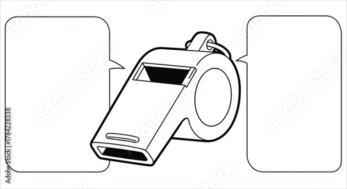 Whistle icon, sports referee tool, black and white sketch, coaching equipment, isolated vector, lanyard loop, outline drawing, sound device