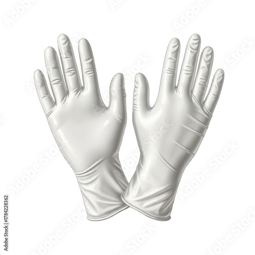 Pair of white latex gloves isolated on a white background, showcasing medical and protective wear for hygiene and safety applications