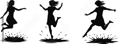 Jumping in puddles silhouette vector set, energetic poses with splashing water, playful motion illustration for stock content, childhood fun and rainy day themes