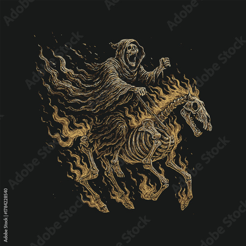 Dark Art Grim Reaper Riding Flame Skeleton Horse Dark Silhouette
