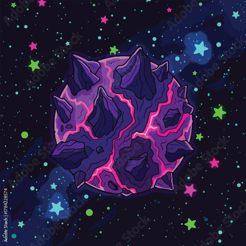 Illustration of a purple planet with pink cracks and spikes, surrounded by colorful stars on a dark background.
