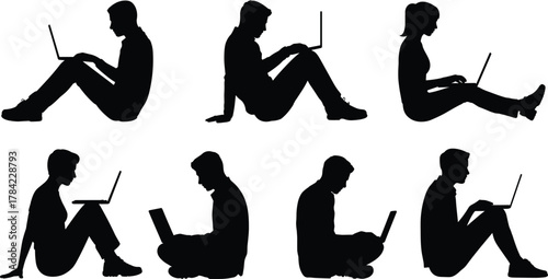 Laptop user silhouette vector set, seated individuals in varied postures, ground-level work and study scenes for stock content, remote work and learning themes