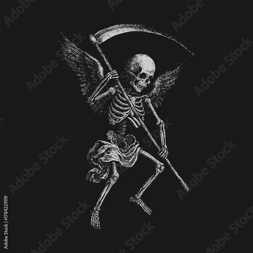 Winged Skeleton Angel with Scythe Dark Gothic Vector Illustration