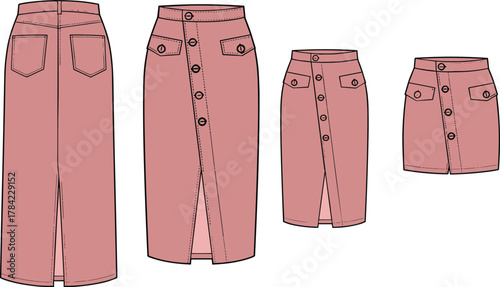 Pink skirt fashion vector set, long to short length styles, button-down front with slit, belt loops and pockets, stylish clothing illustration for stock content