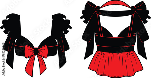 Stylized bow-accented top vector set, front and back view, black and red fashion design, ribbon detail garment illustration for stock content and costume concept