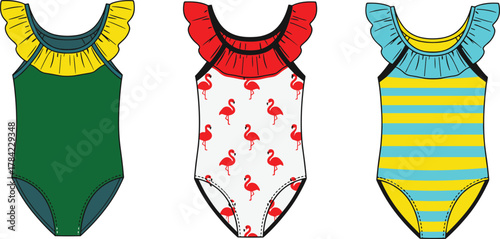 Children’s ruffled swimsuit vector set, colorful one-piece swimwear design, flamingo pattern, striped and solid styles, summer fashion illustration for stock content