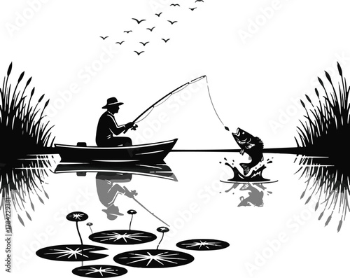 fishing on lake river and sea vector illustration silhouette