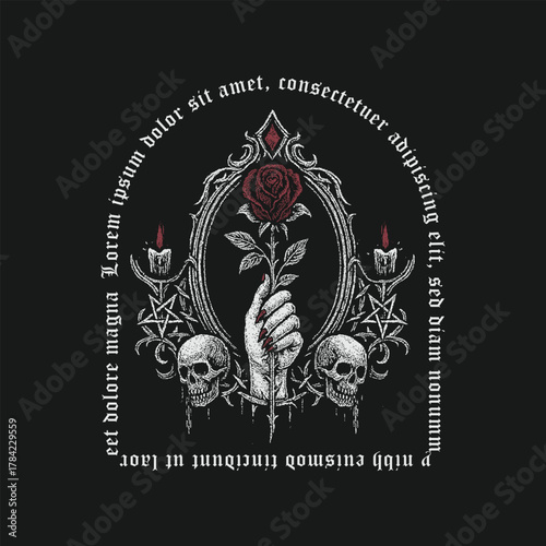 Gothic Dark Art Hand Holding Rose with Mirror and Skull