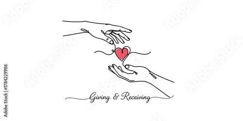 Minimalist line art of two hands reaching toward each other with a red heart between them, symbolizing compassion, kindness, care, and emotional connection. Features the phrase “Giving & Receiving.”
