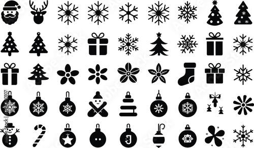 Christmas, holiday, festive, winter, silhouette, icon, Santa, reindeer, snowflake, tree, ornament, stocking, snowman, candy cane, bell, holly, mistletoe, gift, decoration, celebration, design