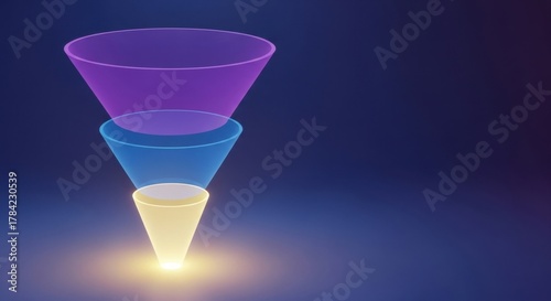 Three translucent funnels in purple, blue, and yellow cascade downwards, representing a process or flow