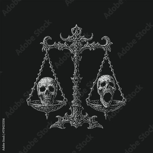 Gothic Dark Art Scales of Justice with Dual Skulls on Black Background