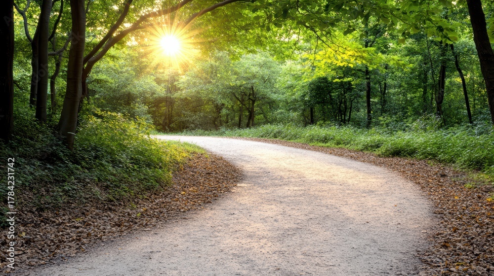 Fototapeta premium A serene, sunlit path winds through a lush forest, inviting a peaceful stroll amidst vibrant greenery and fallen leaves.