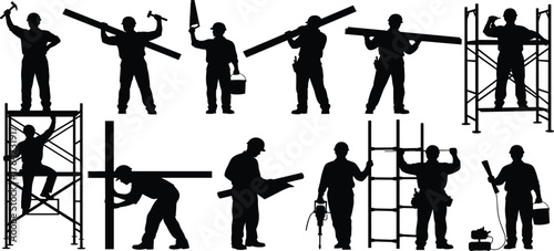 Construction worker silhouettes, industrial labor icons, hammer, saw, toolbox, scaffolding, ladder, blueprint, paint roller, occupational safety, vector art