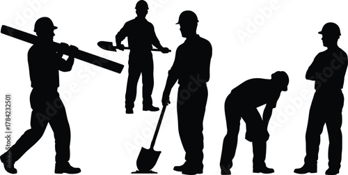 Construction worker silhouettes, industrial labor icons, shovel, beam carrying, hard hat safety, teamwork, occupational workforce, building site, vector art
