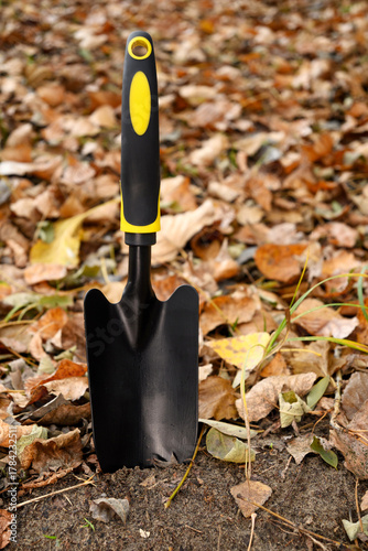 a small gardening trowel is stuck in the soil among the fallen autumn leaves close-up