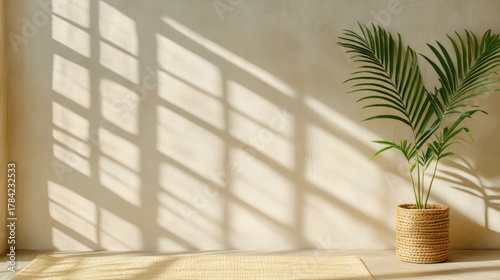 A serene interior scene featuring soft shadows cast by windows, with a potted palm adding a touch of greenery to the neutral-toned space.