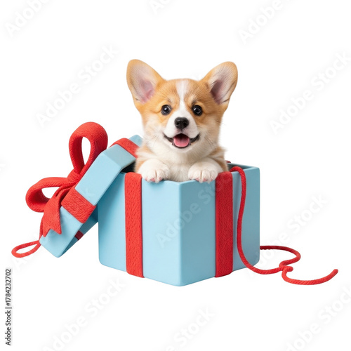 Corgi puppy in a gift box adorable dog present cute animal pet surprise birthday celebration love happy on transparent background