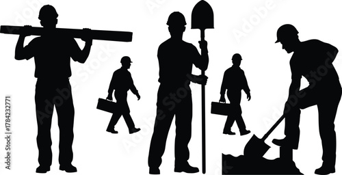 Construction worker silhouettes, industrial labor icons, shovel, toolbox, beam carrying, hard hat safety, teamwork, occupational workforce, building site, vector art