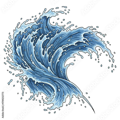 Dynamic blue water splash or wave burst illustration with drops and foam