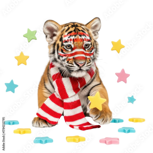 Cute tiger cub with scarf and stars adorable animal baby tiger image for animal lovers and kids design on transparent background