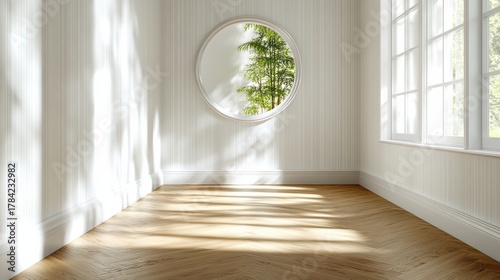 A sunlit, minimalist room with wooden flooring and a round mirror reflecting outdoor greenery, creating a serene atmosphere.