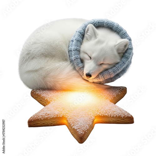 Arctic fox sleeping on star cookie with scarf cute animal photography winter holiday christmas season on transparent background