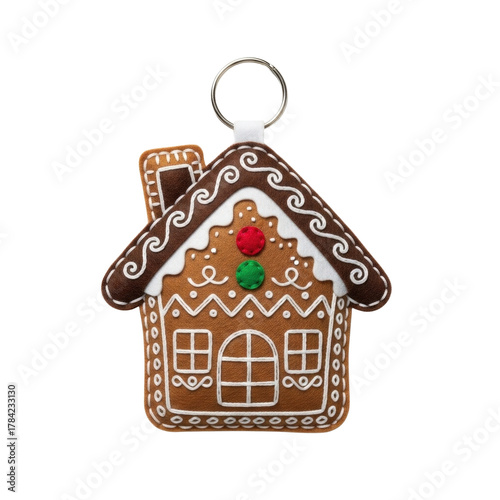 Gingerbread house keychain christmas holiday ornament decoration festive sweet treat brown white icing on transparent background