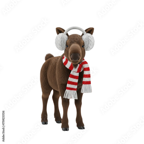 Cute christmas moose plush wearing earmuffs and scarf holiday decoration animal reindeer festive brown toy on transparent background