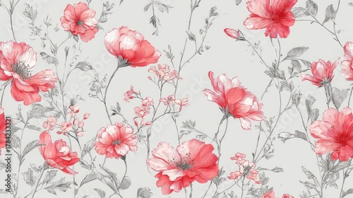 A delicate floral pattern with red and pink flowers on a light gray background, featuring intricate details and a soft, watercolor style.