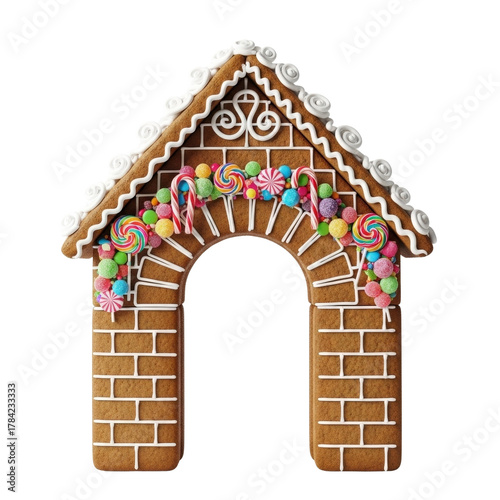 Gingerbread house archway decorated with candy canes and lollipops christmas holiday dessert baking treat 100 on transparent background