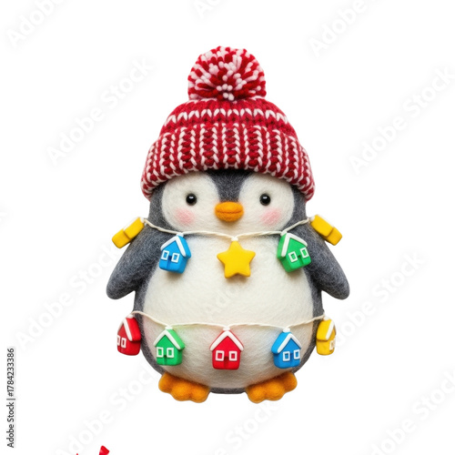 Adorable christmas penguin with hat and lights festive holiday decoration winter season celebration art on transparent background