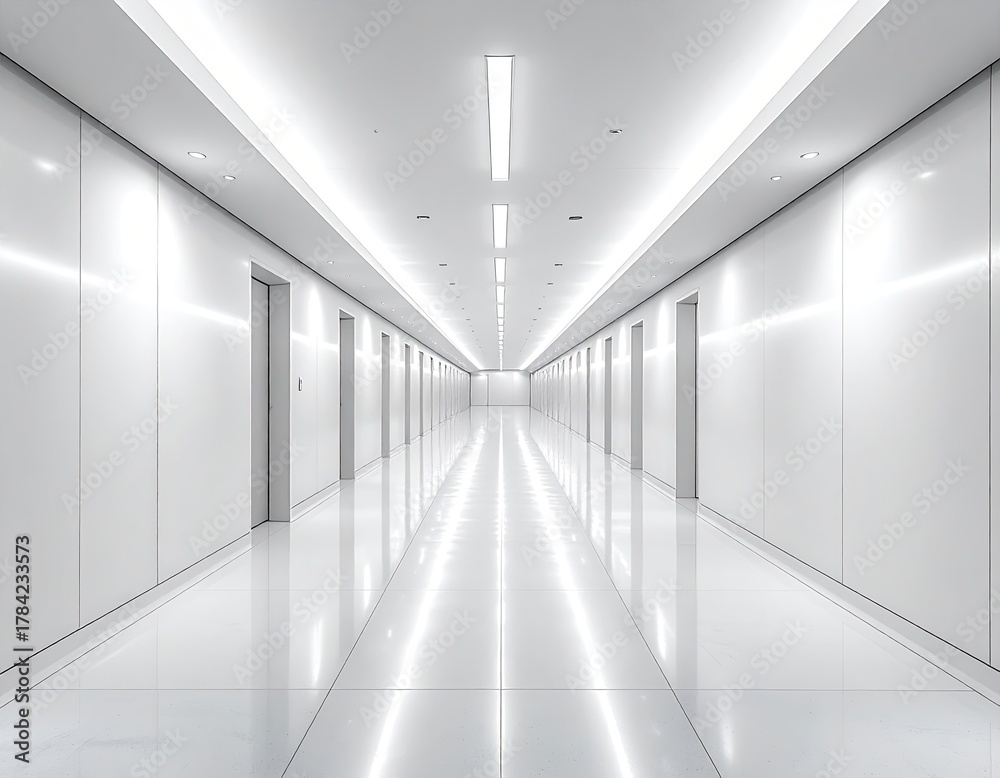 Obraz premium Long, modern hallway with doors, lit brightly