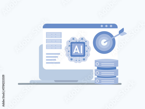 Modern artificial intelligence education concept showing digital learning, online training, coding, and technology development. Ideal flat vector illustration for e-learning, software, and web.