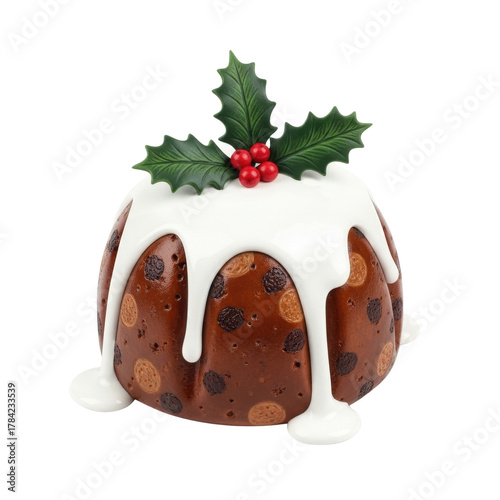 Christmas pudding with holly and icing festive dessert traditional holiday treat food sweet bake 100 on transparent background