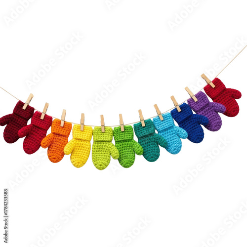 Colorful crochet baby mittens hanging on a clothesline cute handmade knitwear baby shower gift idea rainbow colors on transparent background