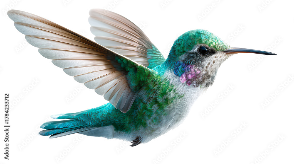 Fototapeta premium Iridescent Hummingbird in Flight on White Background