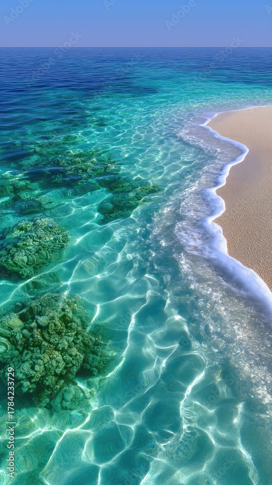 Obraz premium Vibrant turquoise ocean water laps gently onto a sun-drenched sandy beach revealing colorful coral reef formations beneath the crystal clear surface illuminated by bright daylight.