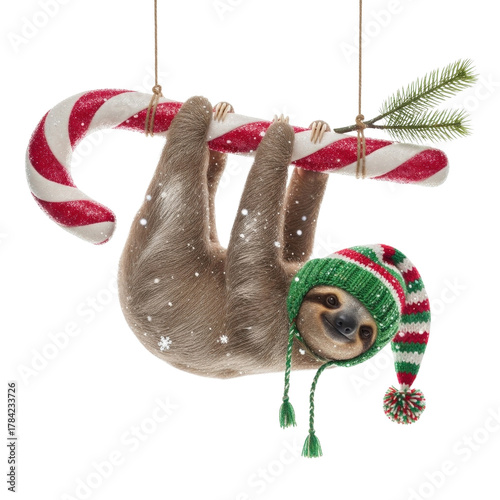 Christmas sloth hanging on candy cane adorable holiday animal festive season cute xmas decoration winter on transparent background